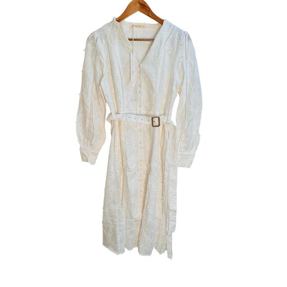 FRIEEAH White Embroidered Long Sleeve Belted Midi Dress Boho NWT - Picture 6 of 8